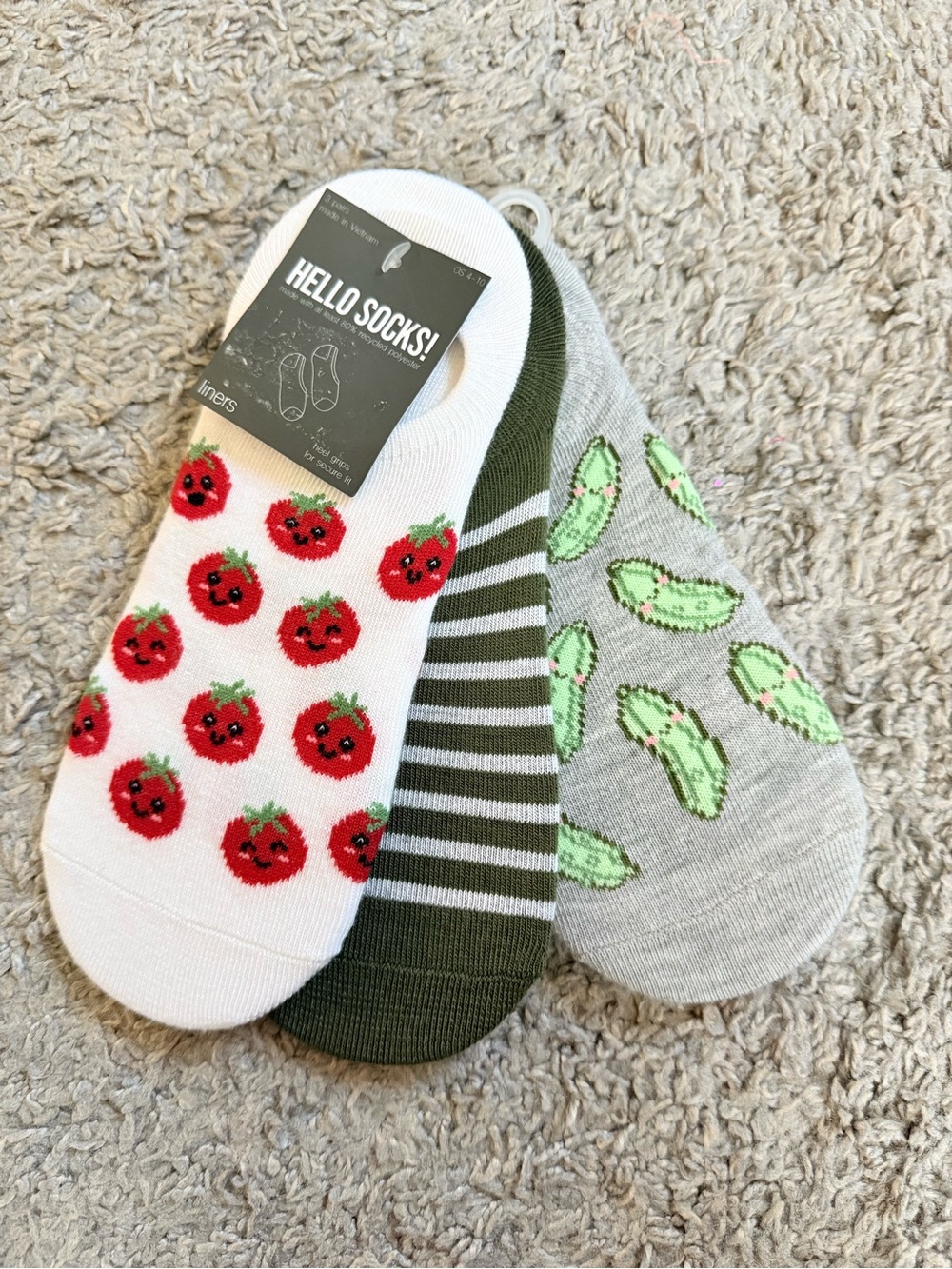 New No Shows Socks Vegetable Stripes One Size 4-10 Pickles Tomatoes